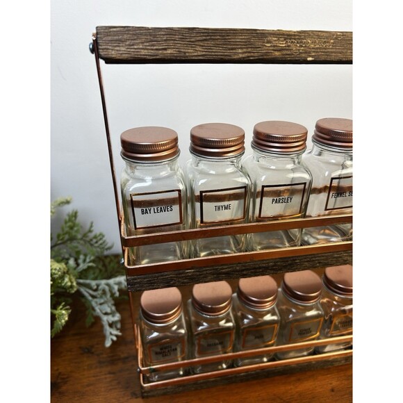 Vintage-esque Copper & Wood Spice Rack Urban Gourmet 10 Glass Jars - Picture 2 of 11